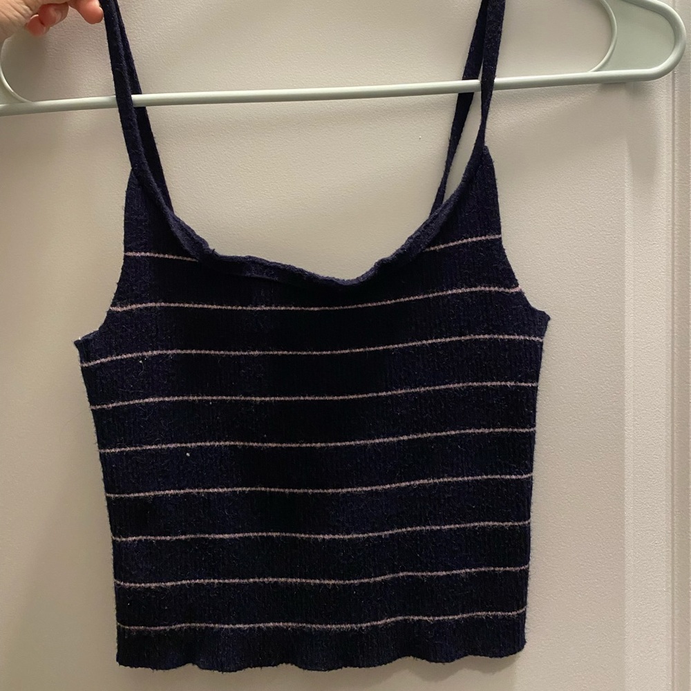 Navy blue and pink striped sweater knit tank top